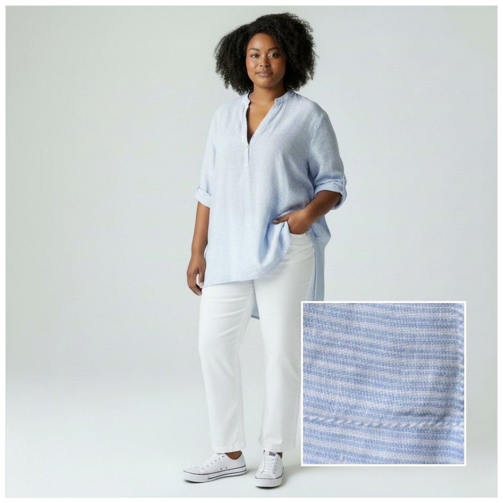 St. Tropez West 100% Linen Blue White Stripe Rolled Sleeves Tunic Women's 2X NWT